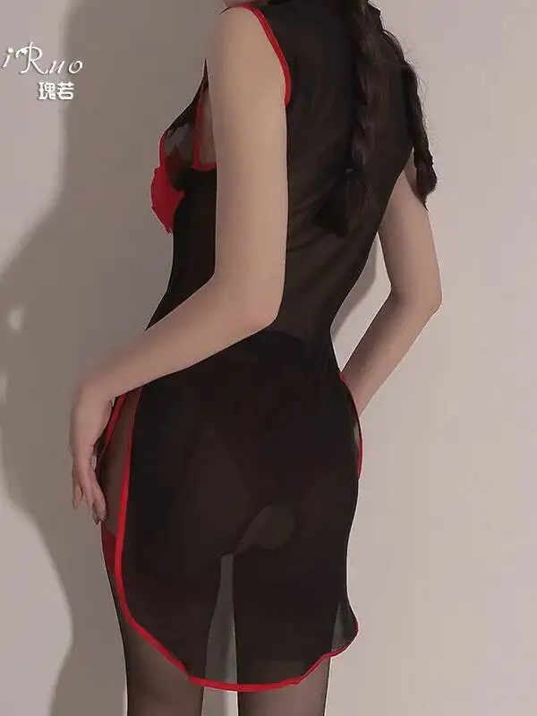 Sexy doce malha puro desejo vestido de corte baixo abotoado cheongsam oco para fora vestido pendurado pescoço sem mangas encantador casaul e6tl