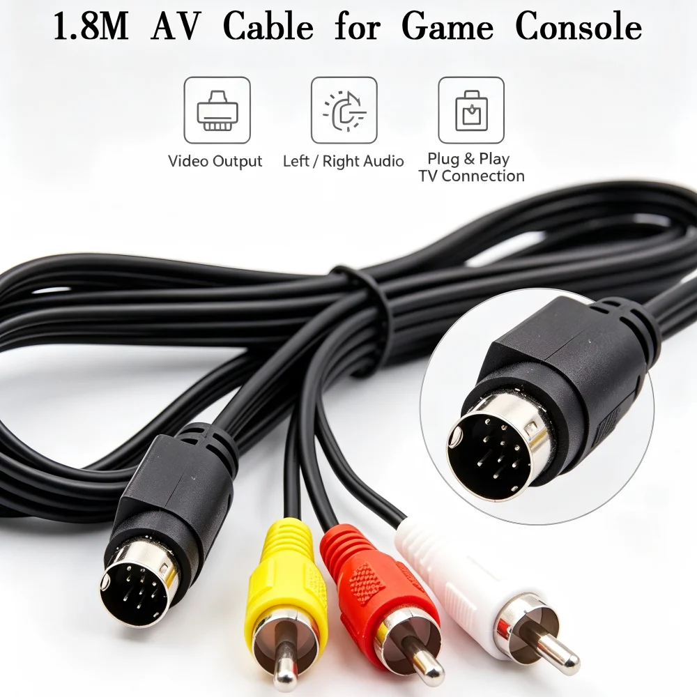 1.8M 9‑Pin AV Audio Video Composite Cable For Sega Genesis 2 3 For Mega Drive MD2 MD3 Game Console TV Connection Cord