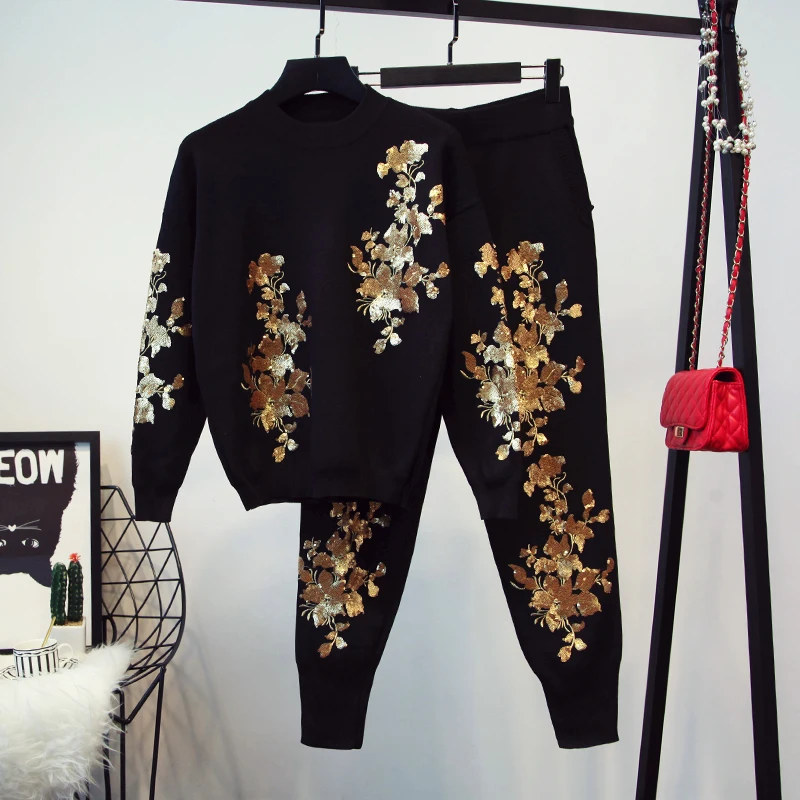 Fashion Sequins Flower Embroidery Black Knit 2Pc Sets Loose Women O Neck Pullover Knitted Pencil Pants Casual Tracksuit Outfits