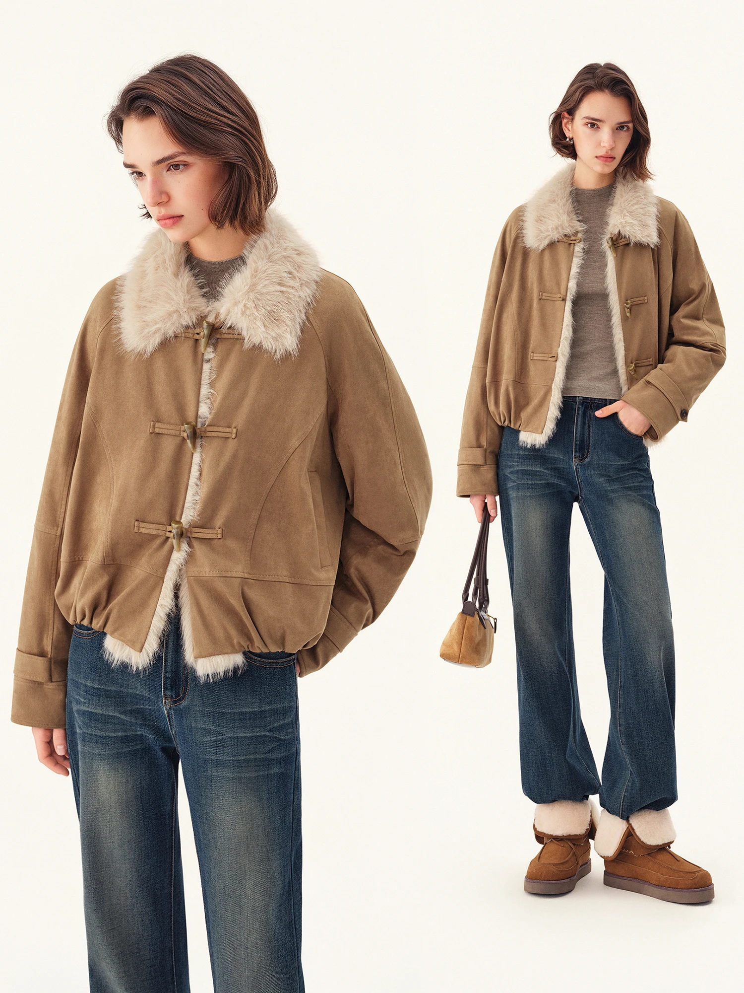 ZIQIAO Women's New Chinese Style Faux Suede Down Jacket with Fur Collar Splicing Warm Fashion Outerwear 2026 Winter New Arrival