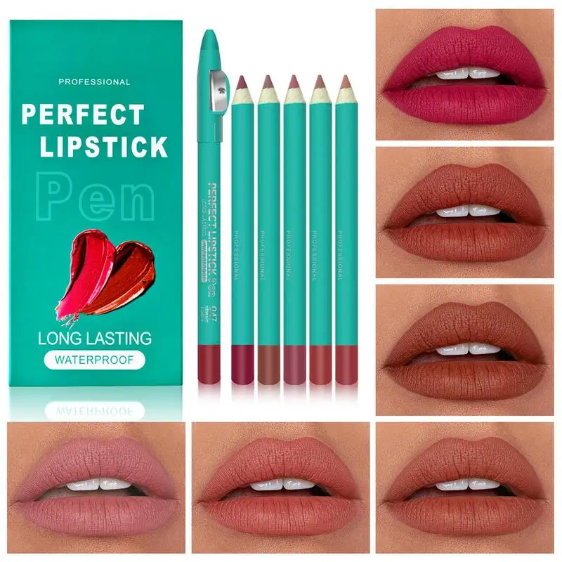 6pcs/set Matte Solid Lip Liner Pencil Velvet Lip Liner Pencil Contour Makeup Sexy Red Lip Stick Quick Dry Non-Stick Cup Lipstick