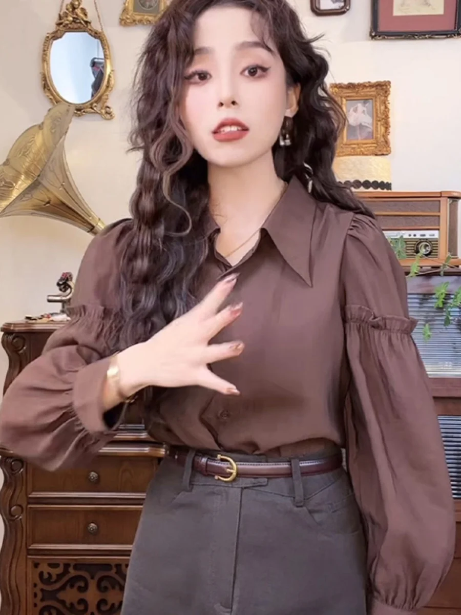 

Elegant Unique Women's Shirt Autumn Winter New Style Vintage Hong Kong Style Coffee Color Top Quality Korean Loose Fit Long S...