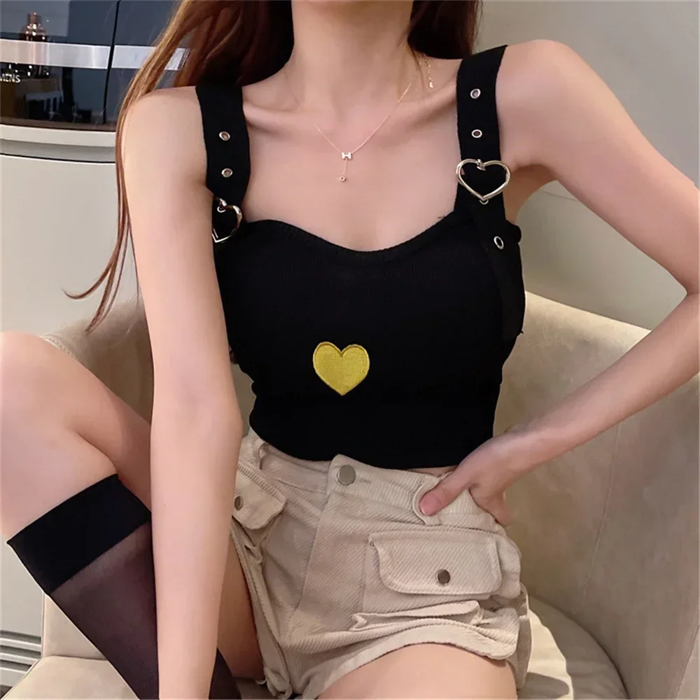 Knitted Tank Tops Metal Buckle Design Sexy Heart Print Camisoles Fashion Korean Style All-Match Inside Wear Vest