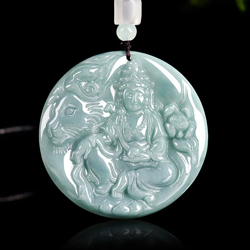 

Authentic Natural A-grade Jade Blue Water Manjusri Bodhisattva Zodiac Rabbit Guardian Deity Jadeite Pendant For Men Women Jewelr