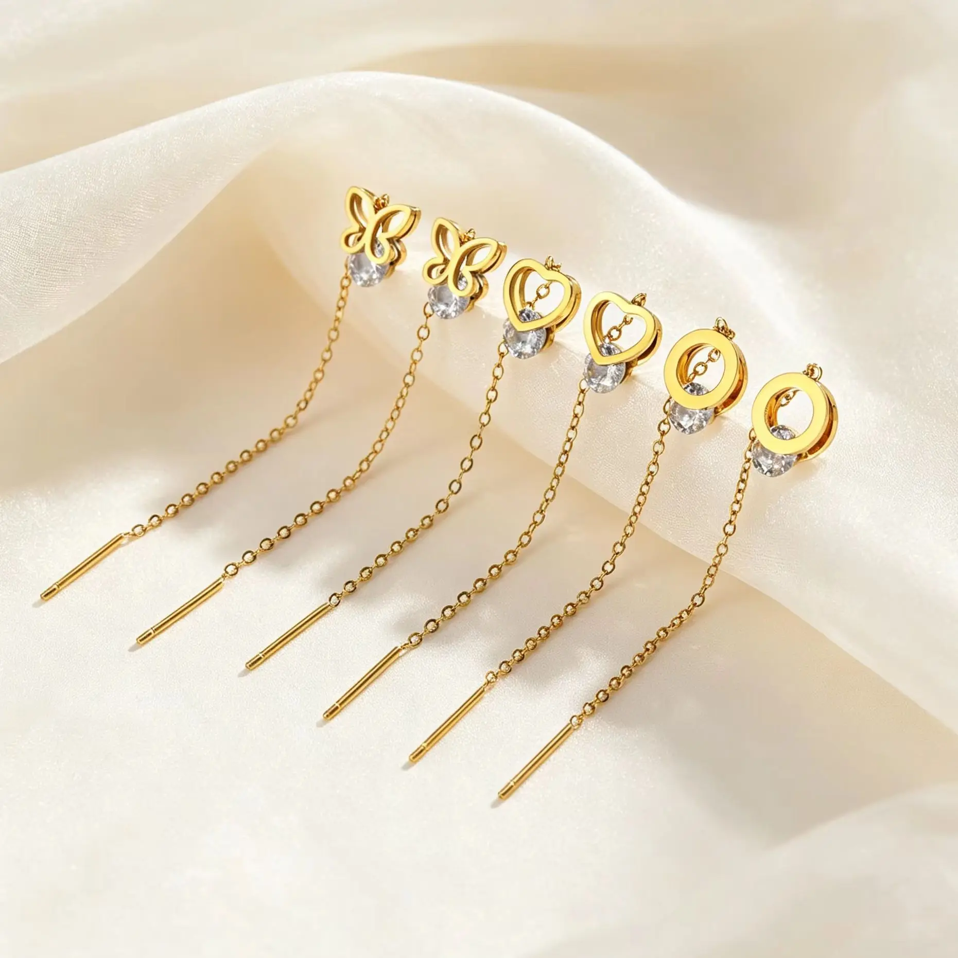 Long Thin Chain Tassel Dangle Earrings for Women, Butterfly Heart Geometric Stainless Steel Threader Earring, Fashion Jewelry