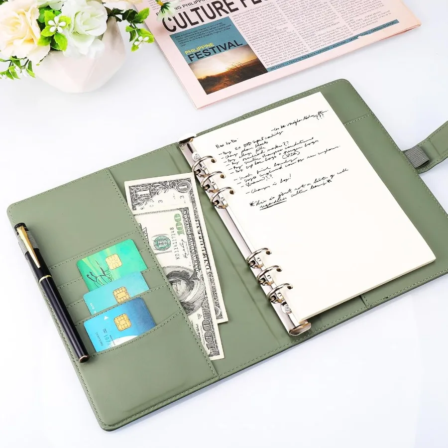 A5 PU Leather Ring Binder Refillable 6 Ring Cover for A5 Filler Paper Budget Binder Notebook Binder Pockets for Travel Work Inn