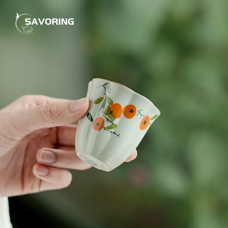 Pure Hand Painted Persimmon Tea Cup Ceramic Teacup Creative Petal Cymbal Cup Chinese Master Cup Puer Tea Bowl Kungfu Tea Set