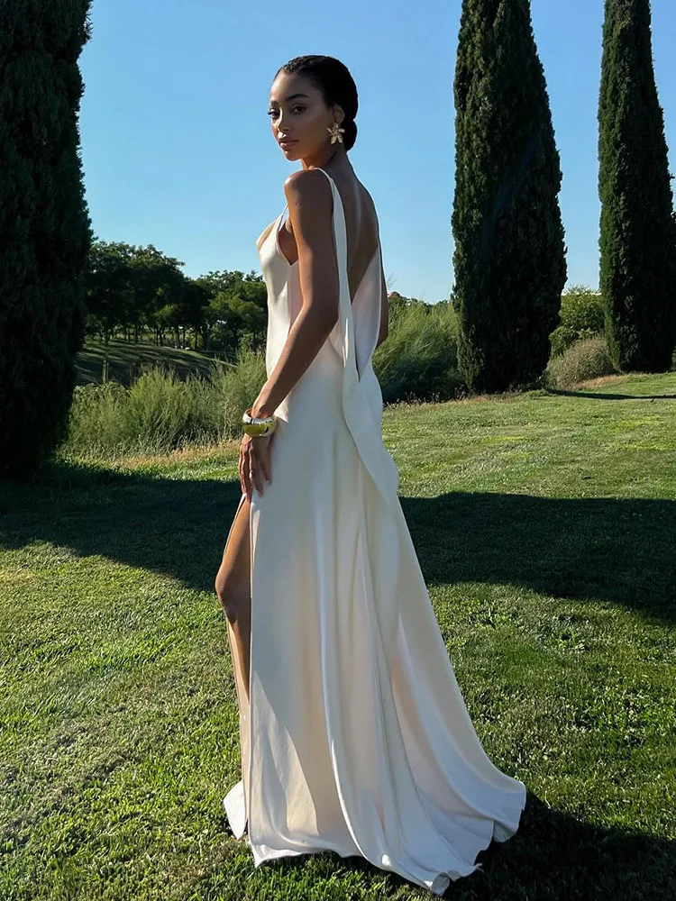 Tief Ausgeschnittenes Seitlich Geschlitztes Langes Kleid Damen Sexy Ärmelloses Rückenfreies Plissiertes Party-Abendkleid Charmantes Damenkleid Vestidos Longo – Detail 12