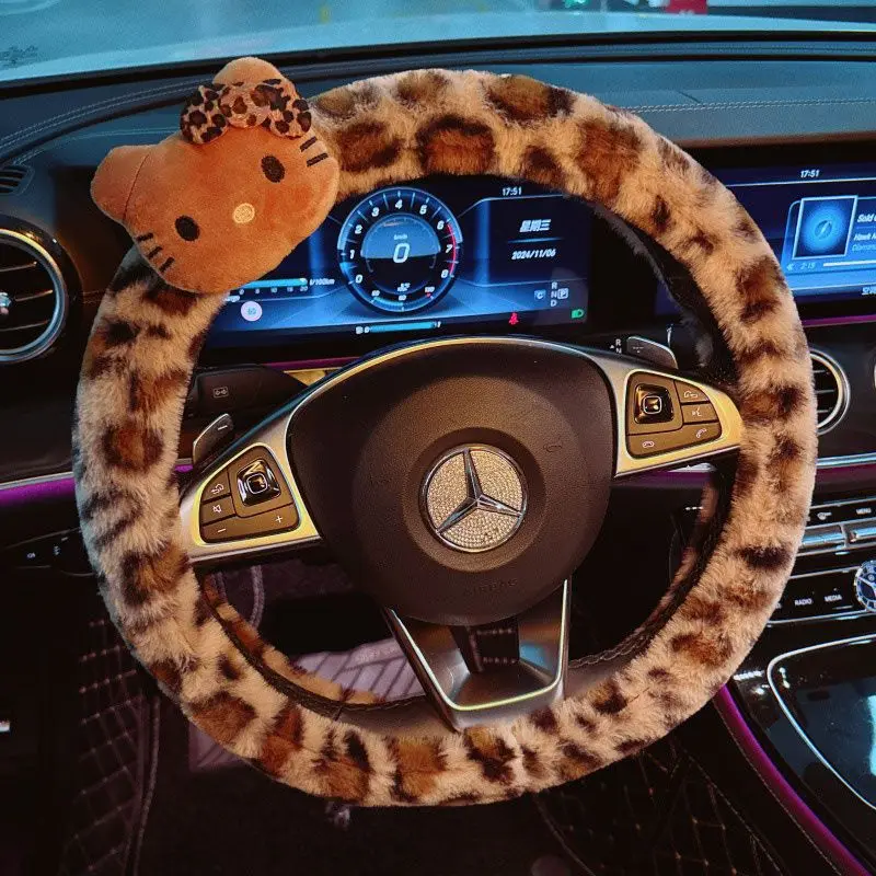 Kawaii Hello Kitty Winter Warm Leopard Car Steering Wheel Cover Plush Non-Slip Car Steering Wheel Cover for Men and Women Gifts - Detail 1