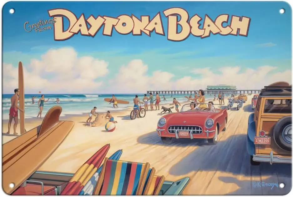 tuya Greetings from Daytona Beach Florida - Spring Break - Vintage Travel Poster by Kerne Erickson - 8 x 12 inch Vintage Metal T