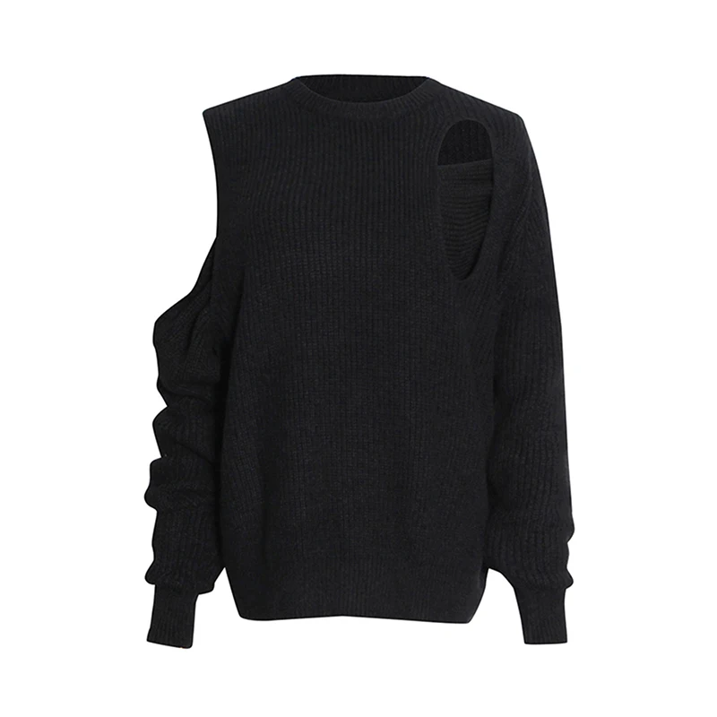 ECR Solid Hollow Out Slimming Knitting Sweaters For Women Round Neck Long Sleeve Minimalist Casual Sweater Female Fashion New