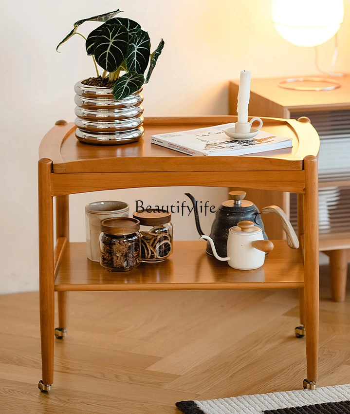 Nordic Solid Wood Side Table Hand Push Mobile Storage Tea Trolley Rack