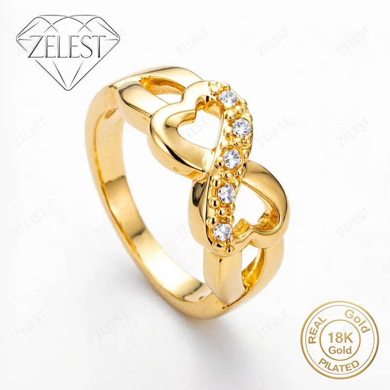 

925 Sterling Silver 18K Gold Plated #8 Exquisite Double Heart Zirconia Ring - Women's Fashion Wedding Party Gift Jewelry