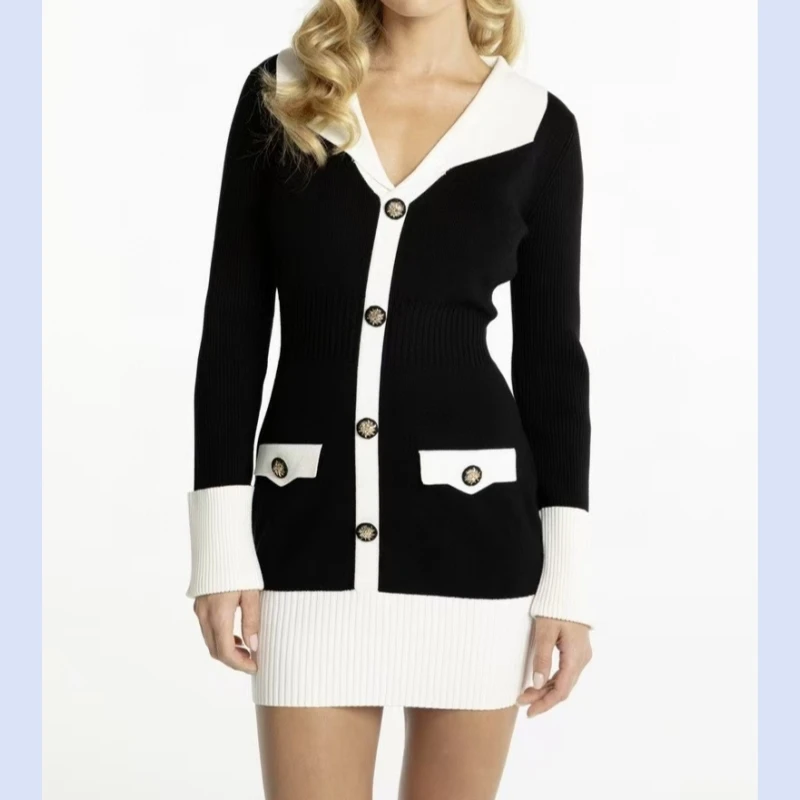 24 year new women's temperament contrasting lapel, color blocked edging knitted hip hugging short dress