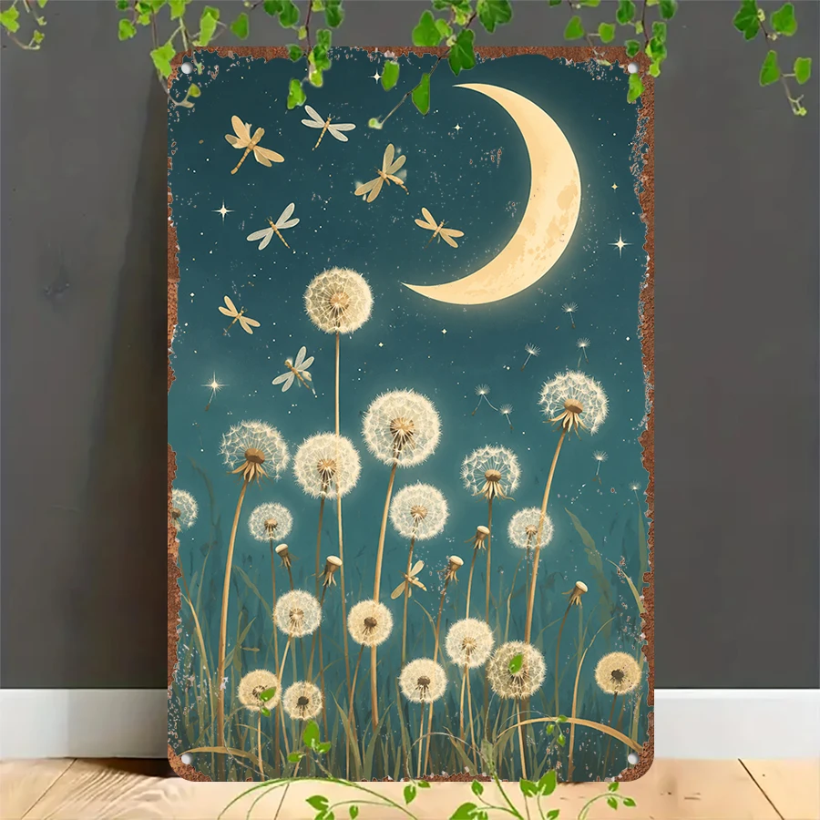 2D flat retro metal tin plate,  Vintage Moonlit Dandelion Tin Sign, Suitable for home, garage, café, bar and garden decoration