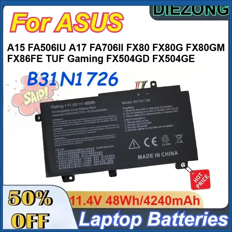 11.4V 48Wh/4240mAh B31N1726 Laptop Battery for ASUS A15 FA506IU A17 FA706II FX80 FX80G FX80GM FX86FE TUF Gaming FX504GD