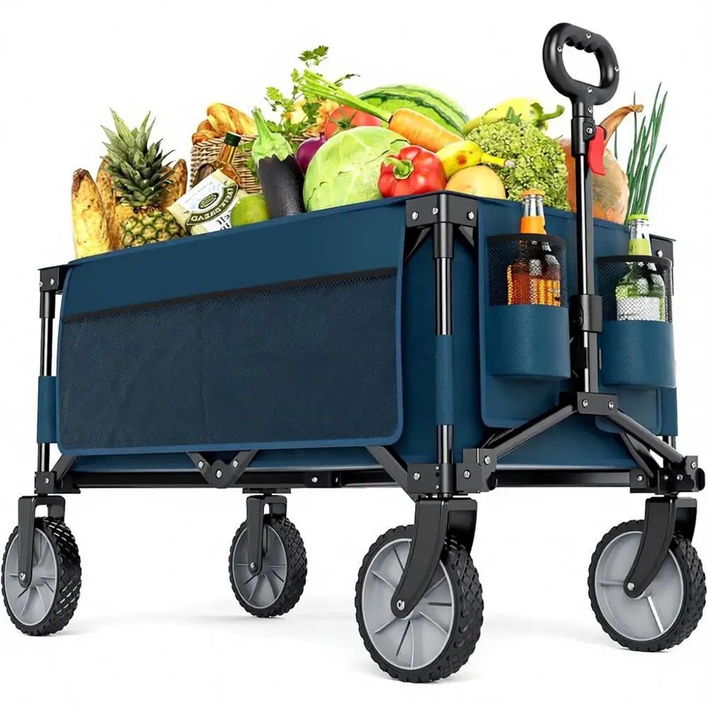 

Складная тележка для кемпинга, сада и покупок с боковой сумкой и держателем для стаканов, усиленная, синяя