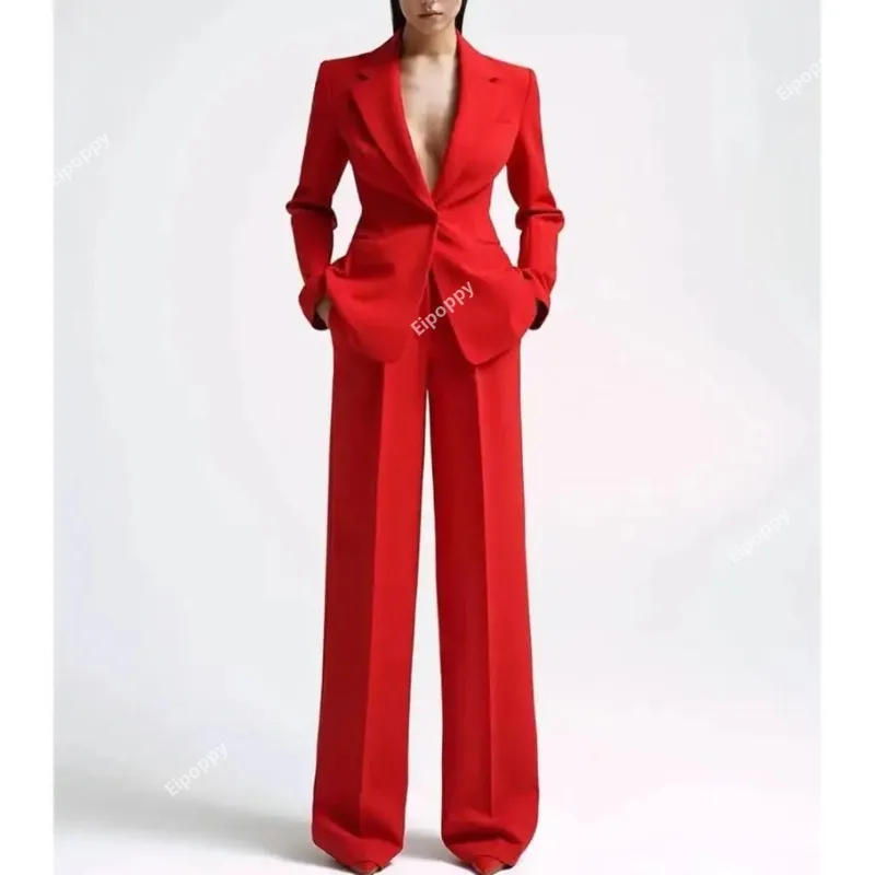 

2024 New Button Blazer+Wide Leg Pants Two Piece Set for Women Solid V Neck Loose Female Pantsuit