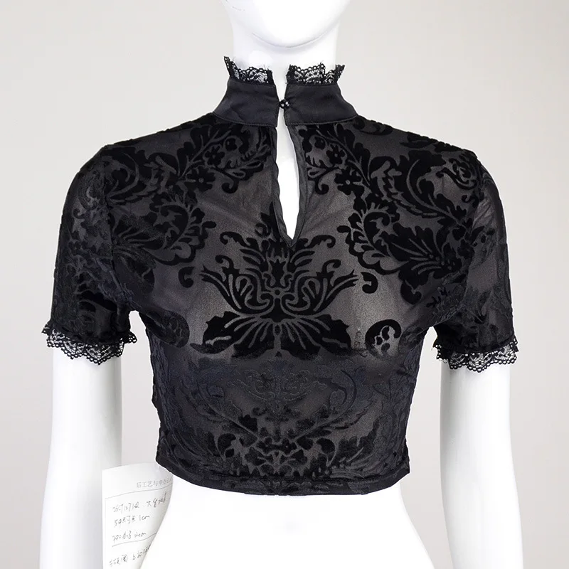 

Summer women's dark gothic style lace high neck flocked top sexy short suit leak belly button short sleeve