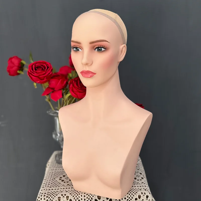 Detachable Body Caucasian Mannequin Head, Realistic White Skin Female Model For Wigs Hat Glasses Accessories  with Mount Hole