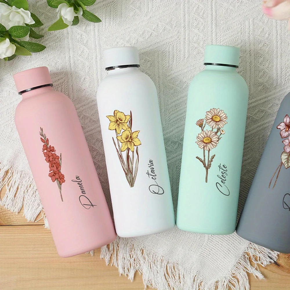Custom Birth Flower Stainless Steel Water Bottle, Personalized Floral Flask, Leakproof Portable Bottle Birthday Gift for Women.