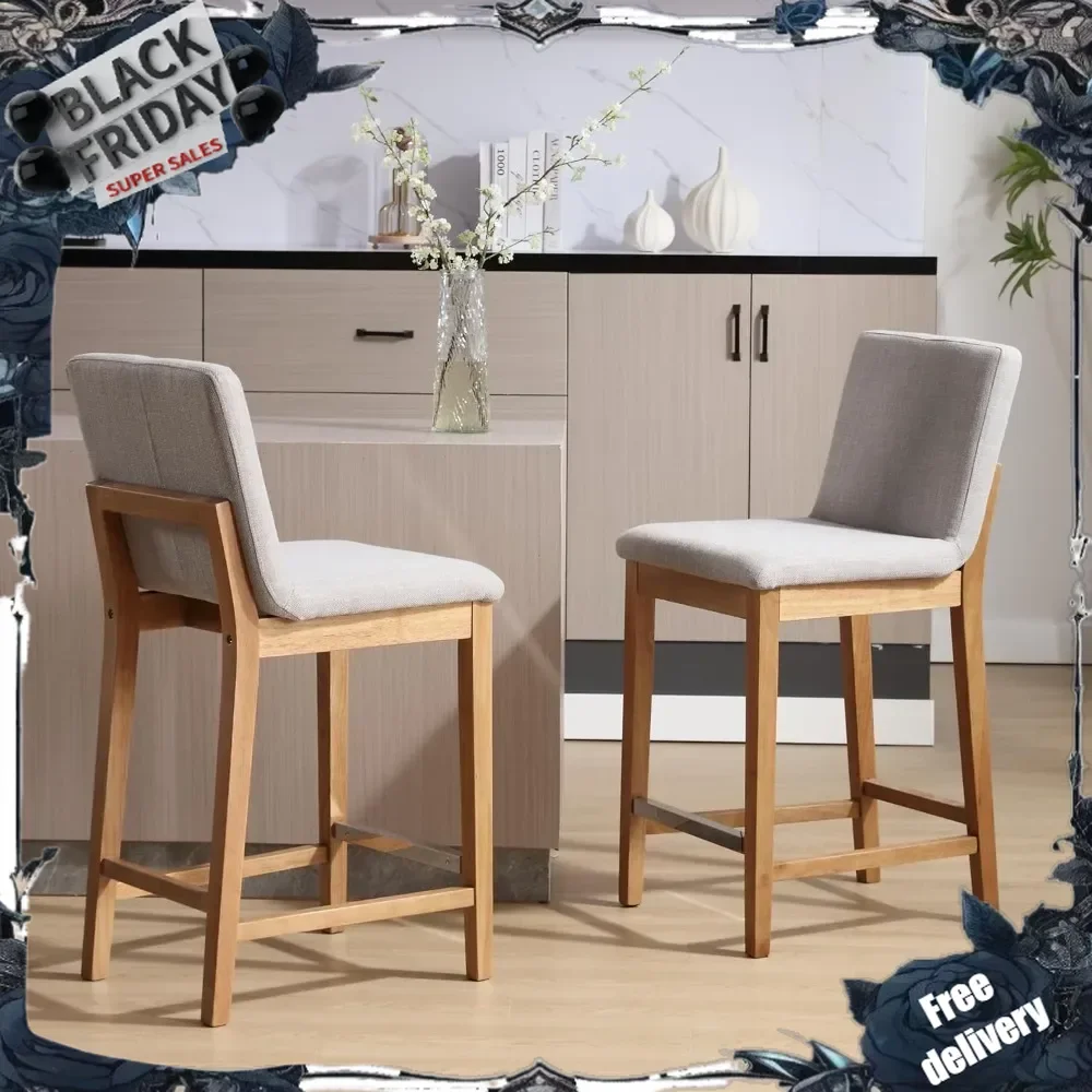 26 Inch Counter Height Bar Stools Set of 2, Upholstered Stools for Kitchen Counter with Back Support Rustic Wooden