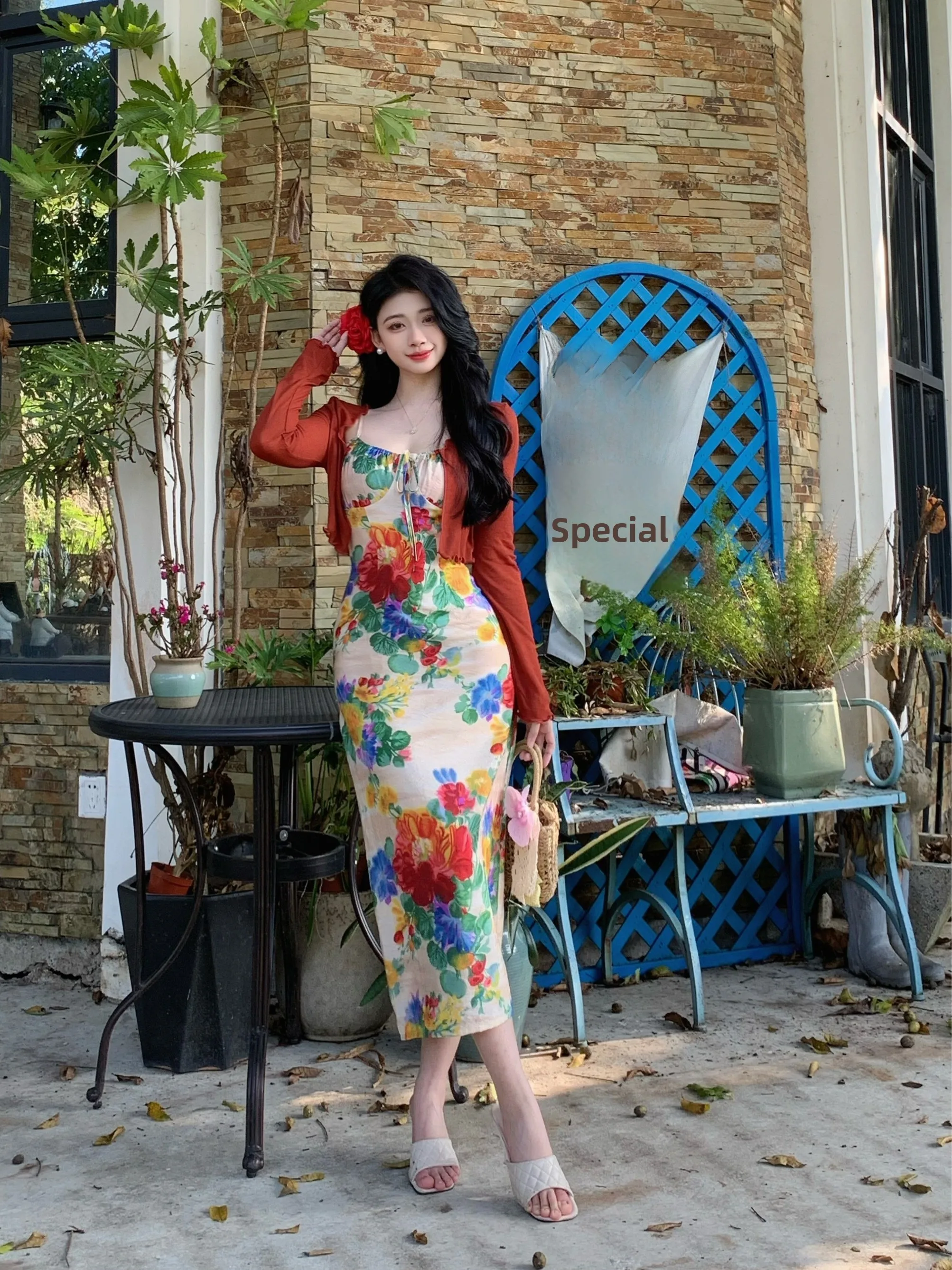 

plus Size Floral Print Dress with Belt Summer New Style Hong Kong Flavor Short Length Cardigan Outerwear Women's Fashion Set