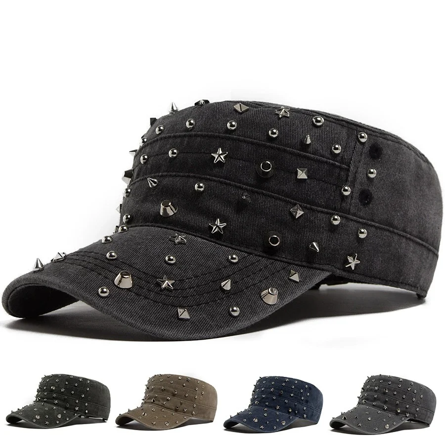 Rivet Military Cap: Vintage Washed and Distressed Men's Outdoor Flat-Top Cap—Spring/Summer Sun-Protective Baseball Cap