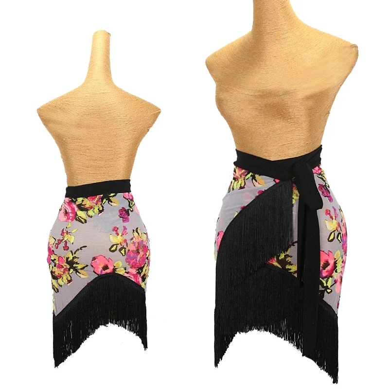 

Latin Dance Skirt Women Adult Fringed Hip Scarf Flower Prting Lace Tassel Practice Clothing Cha Cha Rumba Dance Wear DNV18981