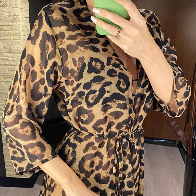 Kobiety lato seksowna podomka kostiumy kąpielowe Leopard-printing tunika stroje kąpielowe Cover-up Dress 2023