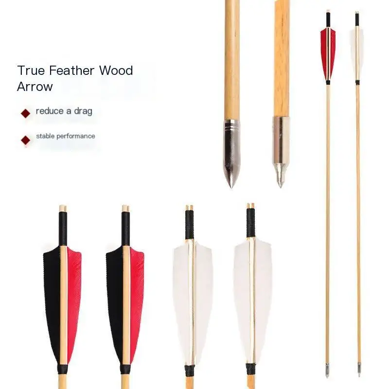 

8mm True Feather Wooden Arrow Traditional American Hunting Bow Recurve Archery Bow Arrow Arrow Universal 5 inch Arrow Feather