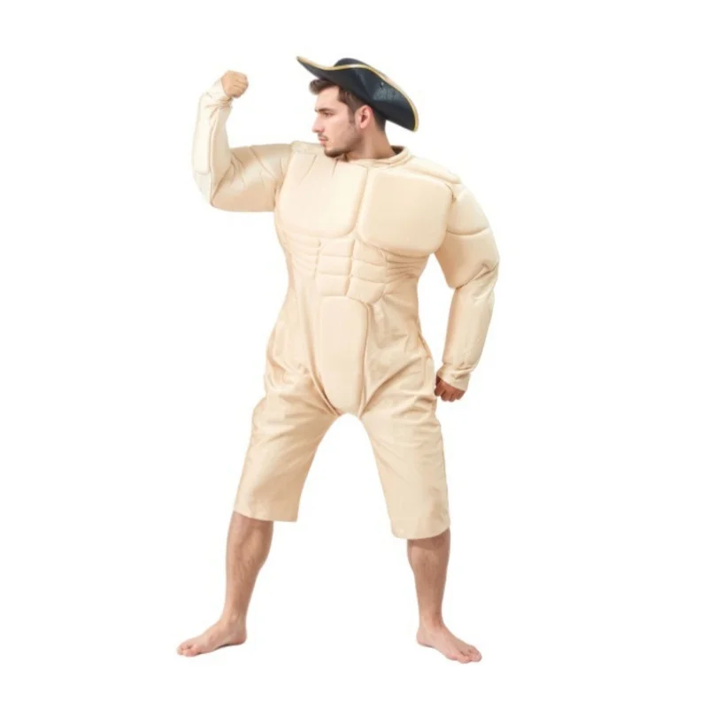 Funny Muscle Man Roleplay Fake Abs Halloween Costume Doll Outfit with Cap Party Performance Props