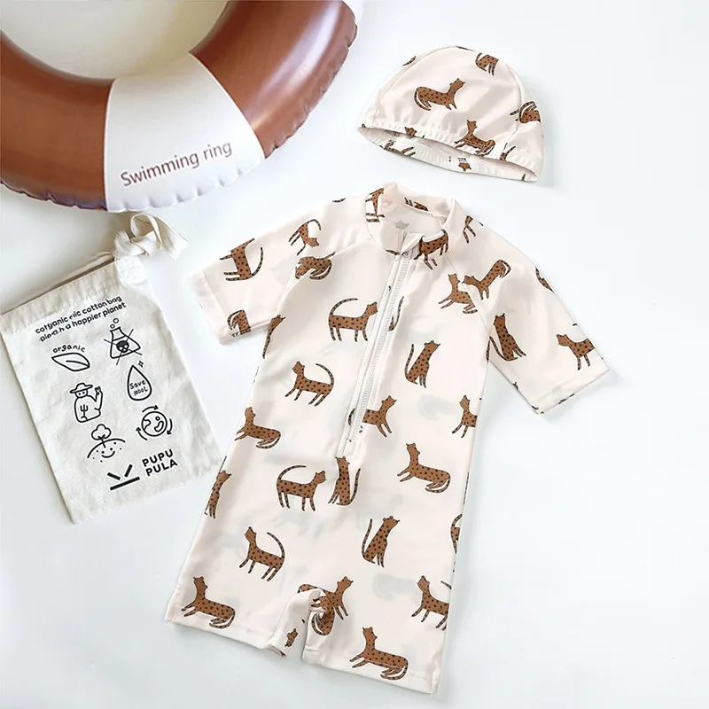 Kids One Pieces Swimsuit for Boy Girl Swimwear Printed Summer Beach Wear With hat Children Swimming Suit 여아수영복 Trunks Shorts