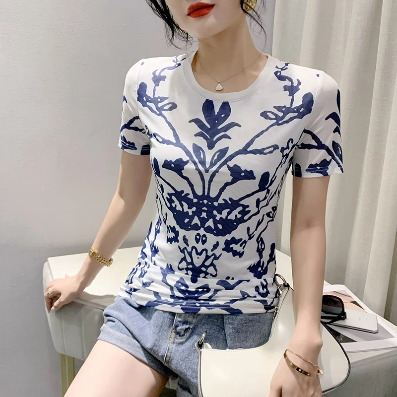 MadBlack Summer European Clothes O Necks Tshirts Female Casual Position Print Slim Mesh Tops Long Sleeves Bottoming Tee T37590JC