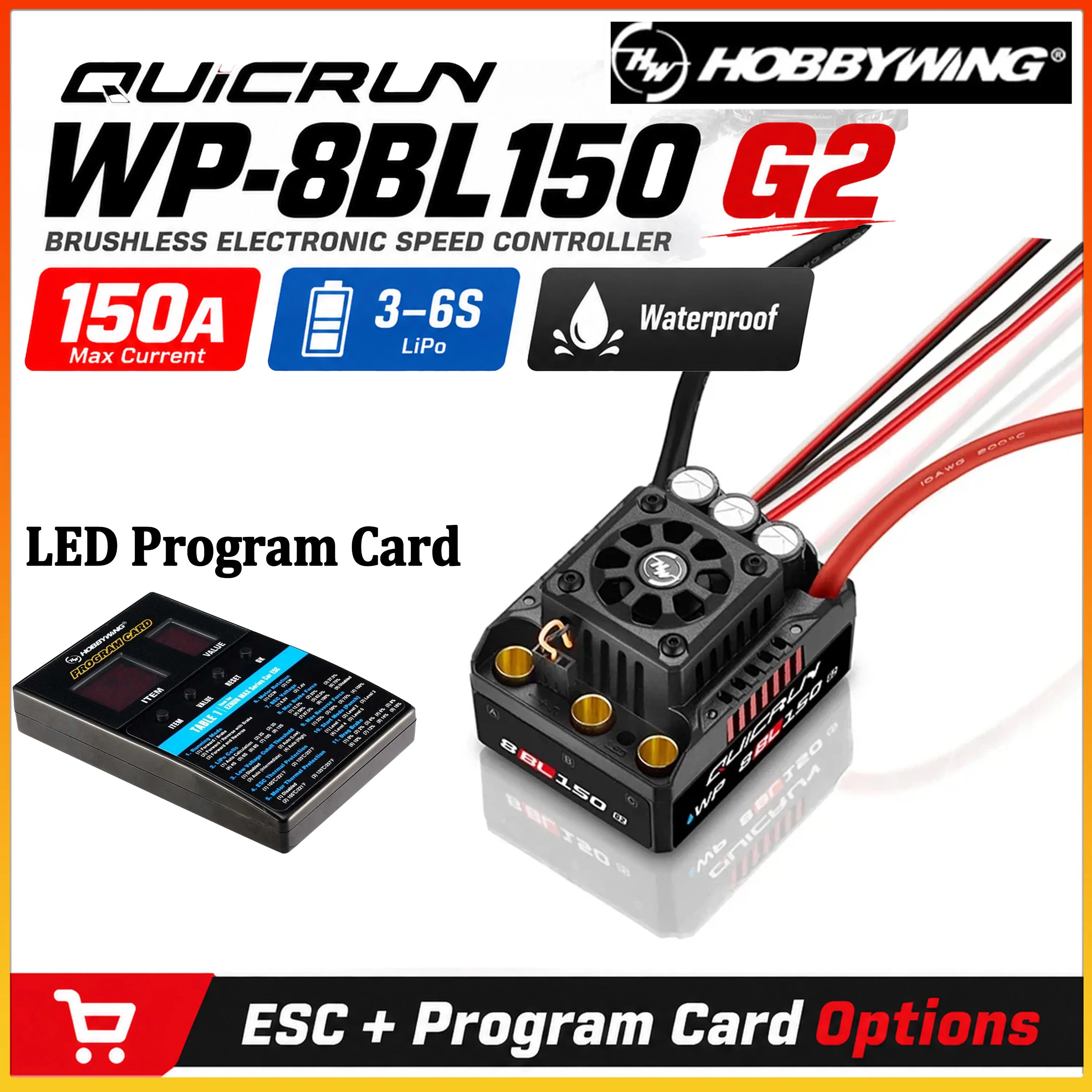 HOBBYWING QUICRUN WP 8BL150 G2 150A Brushless ESC 3-6S Waterproof Speed Controller LED Program Card for 1/8 RC Monster Truck