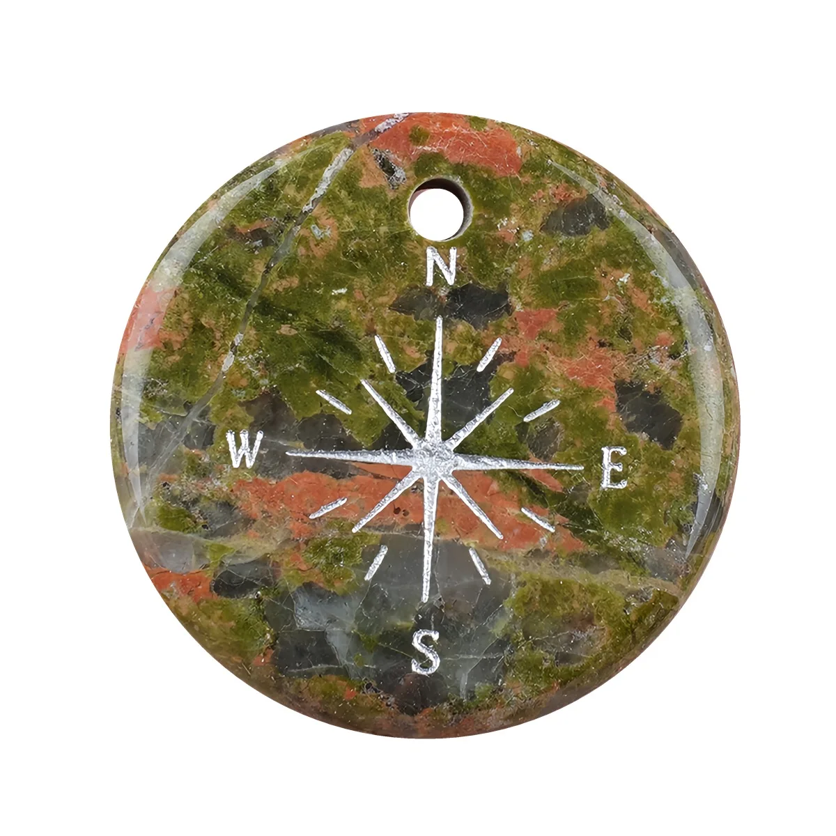Unakite 30mm Gemstone Disc Pendant for Making Jewelry  Crystal Silver Pattern-Compass Ornament Charms Cabochon
