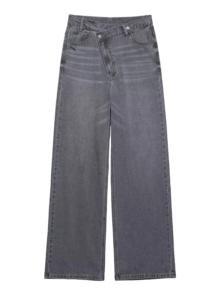 

KUCLUT Women Fashion Denim Grey Front Zipper Straight Pants Vintage High Waist Full Length Female Chic Lady Trousers