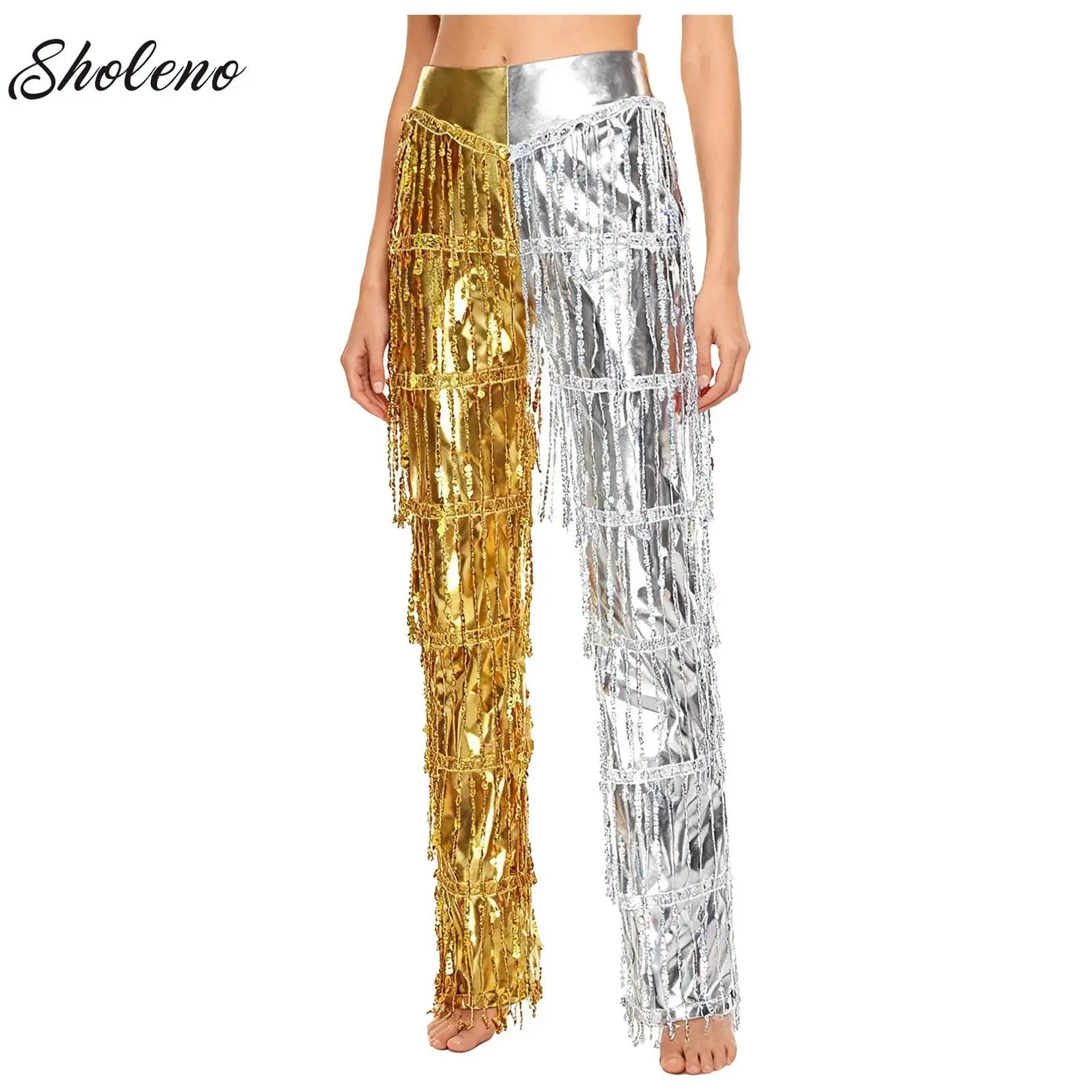 

Women Sequin Tassels Fringe Dance Pants Ballroom Latin Tango Salsa Practice Performance Dancing Costume Pants Hippie 70s Clothes