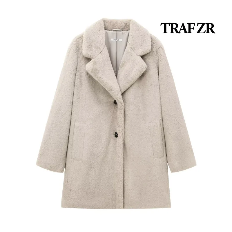 TRAF ZR Snow Parka Vintage New in Outerwears Elegant Luxury Women's Coat Warm Woman Winter Coats Beige Faux Fur Long Parkas