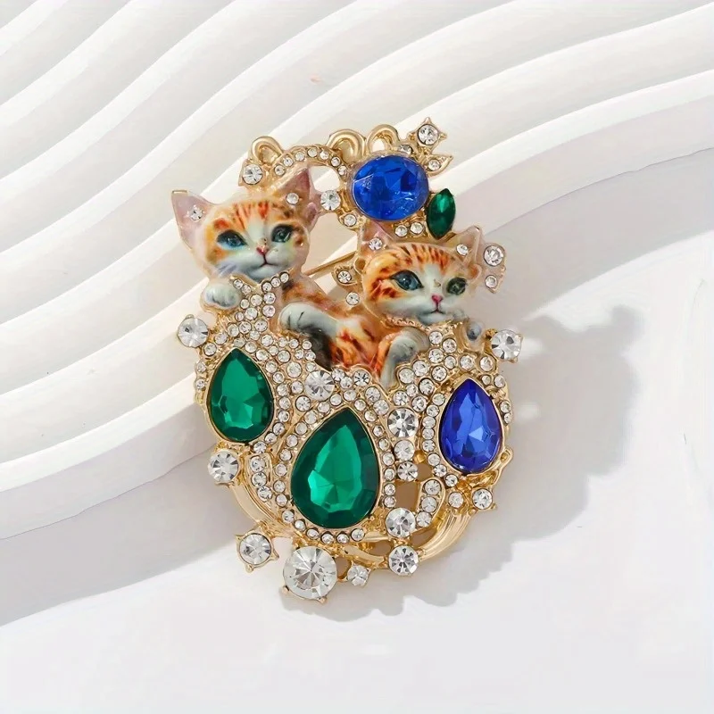 Baroque Style Women Cat Kitten Crystal Enamel Badges Brooch Vintage Classic Middle Design Cute Pin Accessories For Lady