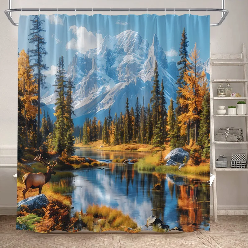 Autumn Forest Elk Shower Curtain Rustic Red Maple Trees Waterfall Wild Animals Fall Landscape Bath Curtains Home Bathroom Decor