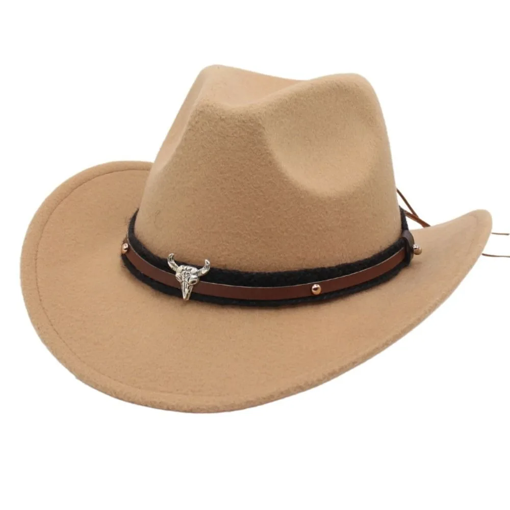Western Cowboy Hat Ox Head Belt Ethnic Style Tibetan Style Felt Top Hat Roll Brim with Cow Band Cowgirl Cap Men