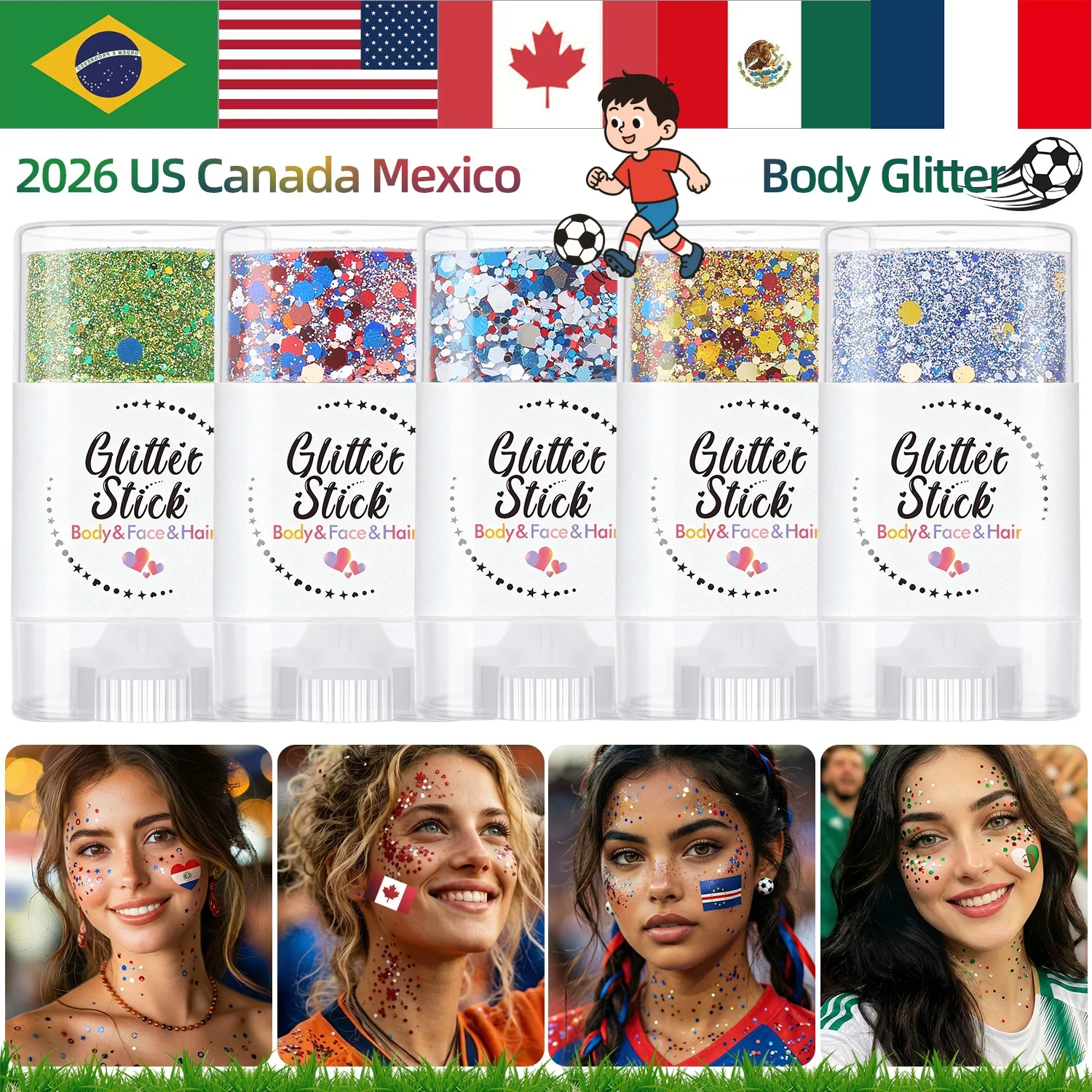 Barra de Brillo para el Cabello y la Cara para Fanáticos del Fútbol – Brillo Intenso, Pintura Facial Patriótica Roja, Blanca y Azul, Brillo Corporal, Artículos para Fiestas