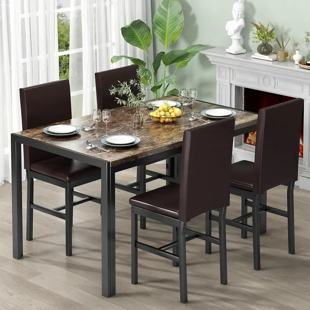 Dining Table Set or 4 Kitchen Table and Chairs, aux Marble Dinner Table with 4 PU Leather Sets or Dining Room Breakast Nook Apar