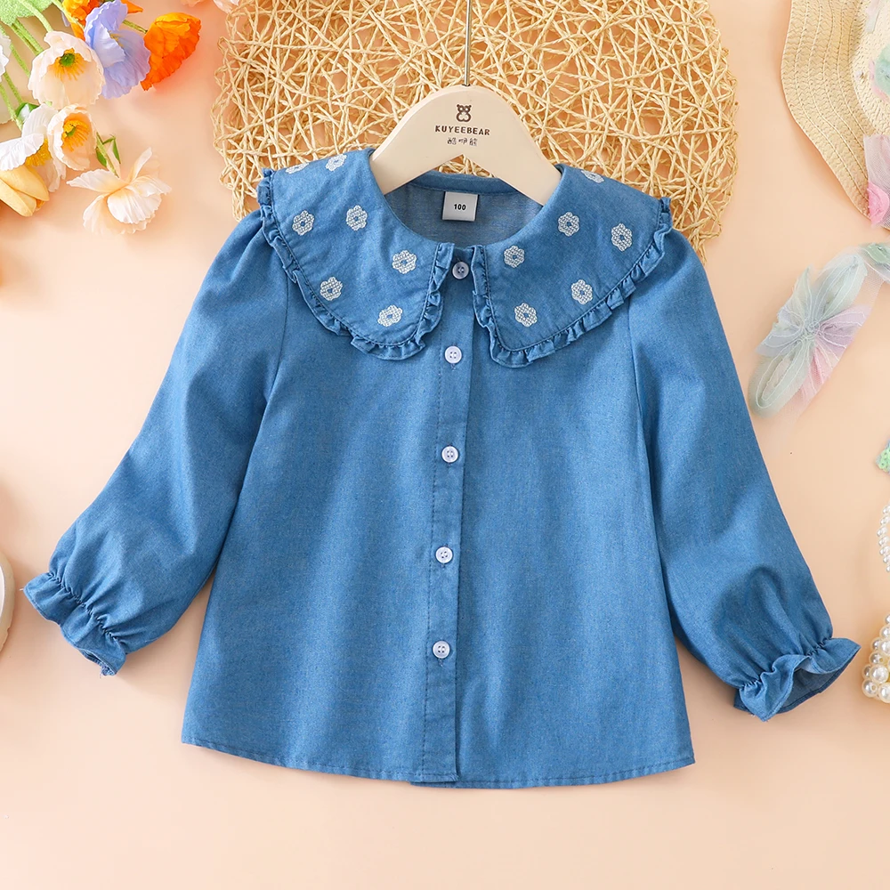 

Джинсовая рубашка для маленьких девочек с длинными рукавами и рюшами на воротнике с вышивкой, милый топ, детская одежда, От 2 до 6 лет