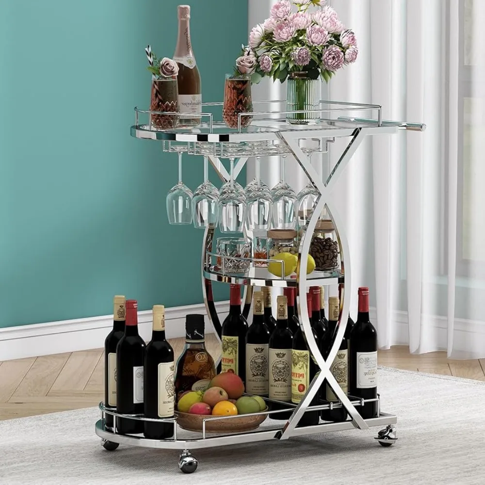 Silver Bar Cart With Wine Rack and Glass Holder 3-Tier Home Bar Serving Cart With Tempered Glass and Chrome-Finish Metal Frame