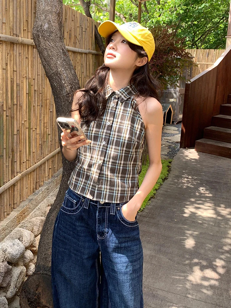 

Summer Plaid irt Women's Svel Vest oulder-baring Design College Sle Slimming Top Trendy Straight-cut Button-up
