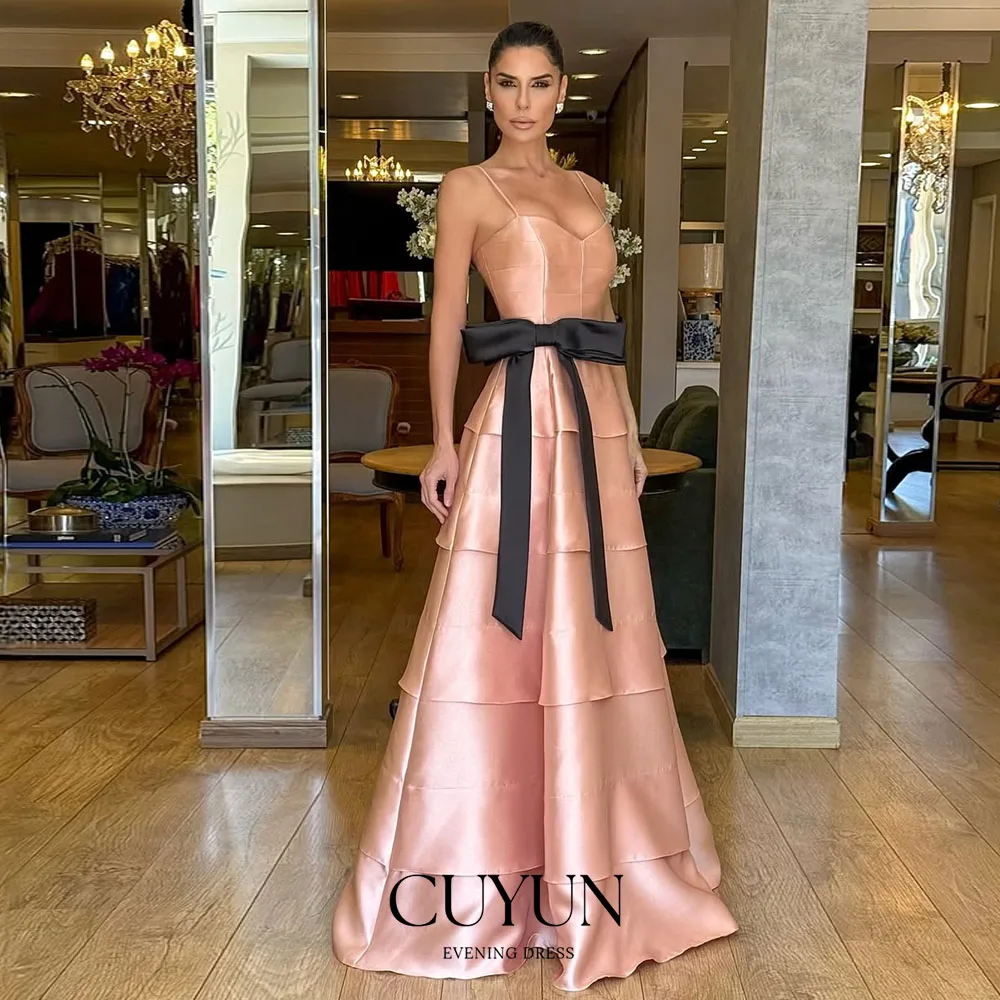 

CUYUN Customized Silk Satin Pink Women Party Dress Spaghetti Straps Tiered Long Prom Gown with Bow Evening Wedding Guest Dress