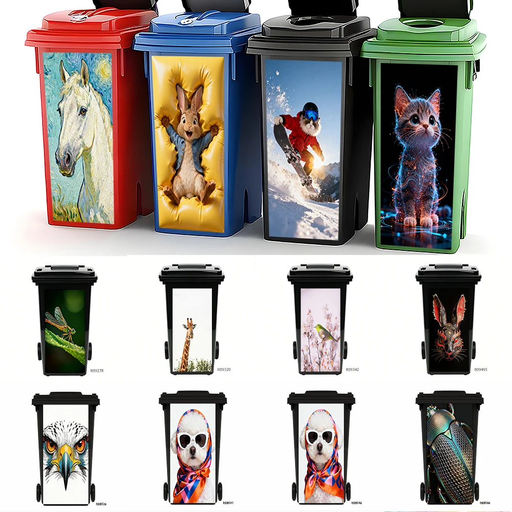 

Stylish Tiger Horse Meow Cat Trash Can Sticker, Artistic Animal Print Waterproof Removable Outdoor Wheeled Garbage Bin Decor