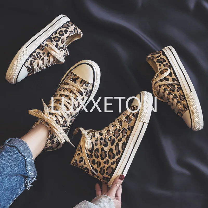 Women Canvas Vulcanized Shoes Spring and Autumn Fashion Leopard Print Lace Up Casual Women High Top Nonslip Sports Shoes